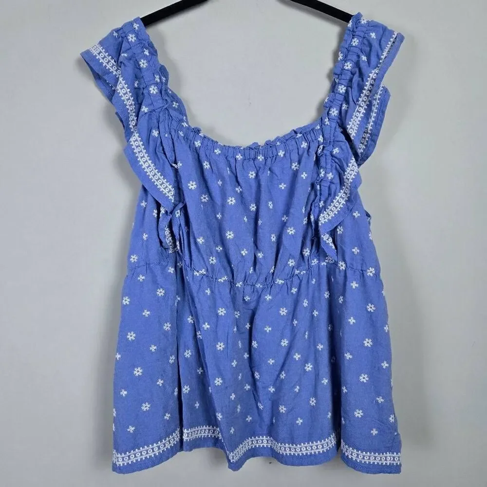 Old Navy Womens Embroidered Babydoll Top XL Blue Ruffle Peasant Boho Cottagecore